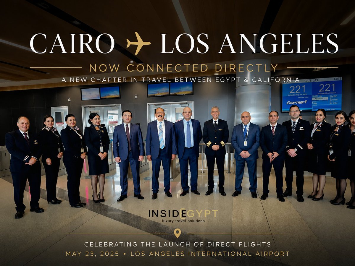 InsideEgypt's tweet photo. #Egypt just got closer to California. ✈️🇪🇬🇺🇸
After 25 years, direct flights between #Cairo &amp; #LosAngeles are officially back.
This historic route reconnects Egypt with the U.S. West Coast — making #travel to one of the world’s most extraordinary destinations easier than ever. https://t.co/9hH5AW2Y0L