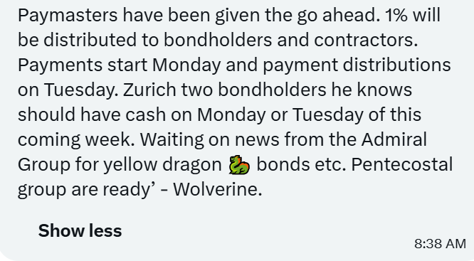 ChristineEM2000's tweet photo. Wolvie says everything is looking like this is our week, with Whales &amp; bondholders to receive $$ starting Tuesday. He also has info on medbeds. https://t.co/8BSYRr8NTM