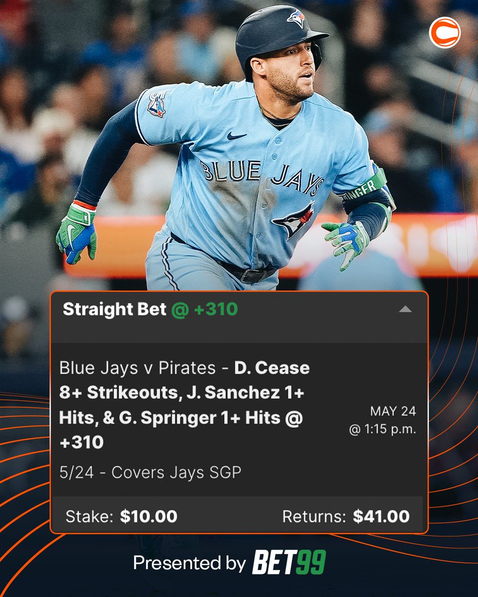 Covers's tweet photo. BLUE JAYS-PIRATES BOOSTED SGP 📈

⚾️ DYLAN CEASE 8+ STRIKEOUTS
⚾️ JESÚS SÁNCHEZ 1+ HITS
⚾️ GEORGE SPRINGER 1+ HITS
💰 BOOSTED TO +310

👤 @mickey_canuck 
🚀 Only at @BET99Sportsbook 
🔗 https://t.co/RT6QFQbmfa https://t.co/E8CcyfKIct