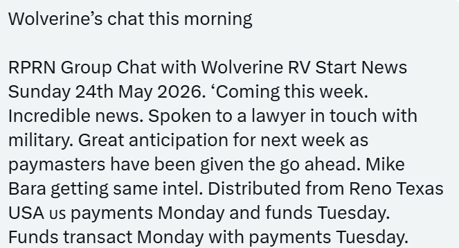ChristineEM2000's tweet photo. Wolvie says everything is looking like this is our week, with Whales &amp; bondholders to receive $$ starting Tuesday. He also has info on medbeds. https://t.co/8BSYRr8NTM