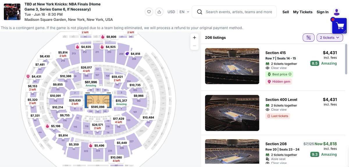 StevePopper's tweet photo. If you've got $595,000 lying around ... you can have two great seats for Game 3 of the NBA Finals at Madison Square Garden https://t.co/qtmEVa8y1q