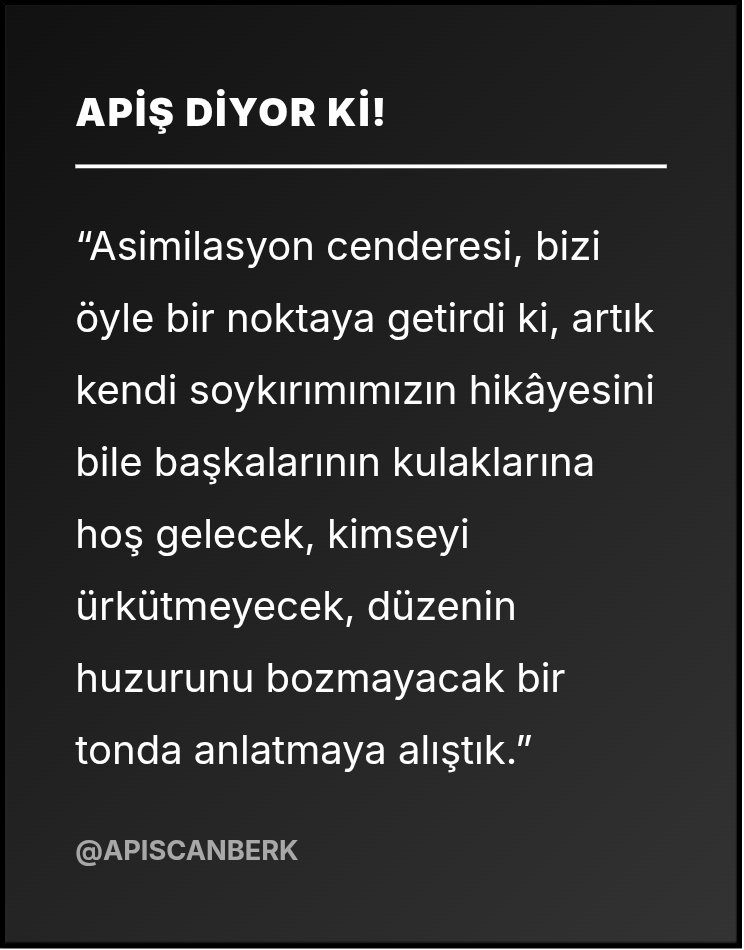 apiscanberk's tweet photo. ...21 Mayıs’ı, sadece bir matem günü değil, 22 Mayıs sabahından itibaren başlayacak olan kesintisiz bir ulusal direnişin başlangıç noktası olarak kodlayın. Soykırımın hafızasını yalnızca yılın bir gününe, bir mevsim geçişine veya bir anma töreninin sınırlarına sıkıştırmak, yaşadığımız kaybı küçültmek ve onu önemsizleştirmektir; bu, iradi bir teslimiyetten başka bir şey değildir. Unutmayın ki, yılın geri kalan üç yüz altmış dört gününde Çerkes kimliğini, tarihsel iddialarını ve politik varlığını rafa kaldıran bir toplumun, 21 Mayıs geldiğinde sergilediği ajitasyon, acının samimiyetiyle değil, yalnızca vicdanı teskin etme çabasıyla açıklanabilir. Asimilasyon cenderesi, bizi öyle bir noktaya getirdi ki, artık kendi soykırımımızın hikâyesini bile başkalarının kulaklarına hoş gelecek, kimseyi ürkütmeyecek, düzenin huzurunu bozmayacak bir tonda anlatmaya alıştık. Bu tavır derhal terk edilmelidir. "Devlete dokunmayalım, düzeni bozmayalım, uyumlu azınlık kalalım" şeklindeki telkinlerle büyütülen kuşaklar, tarihlerini bir onur nişanı gibi taşımak yerine, onu bir yük gibi sırtlarında taşıyıp her fırsatta bir kenara bırakmanın yollarını aradılar....

https://t.co/zwc4a6VDTz