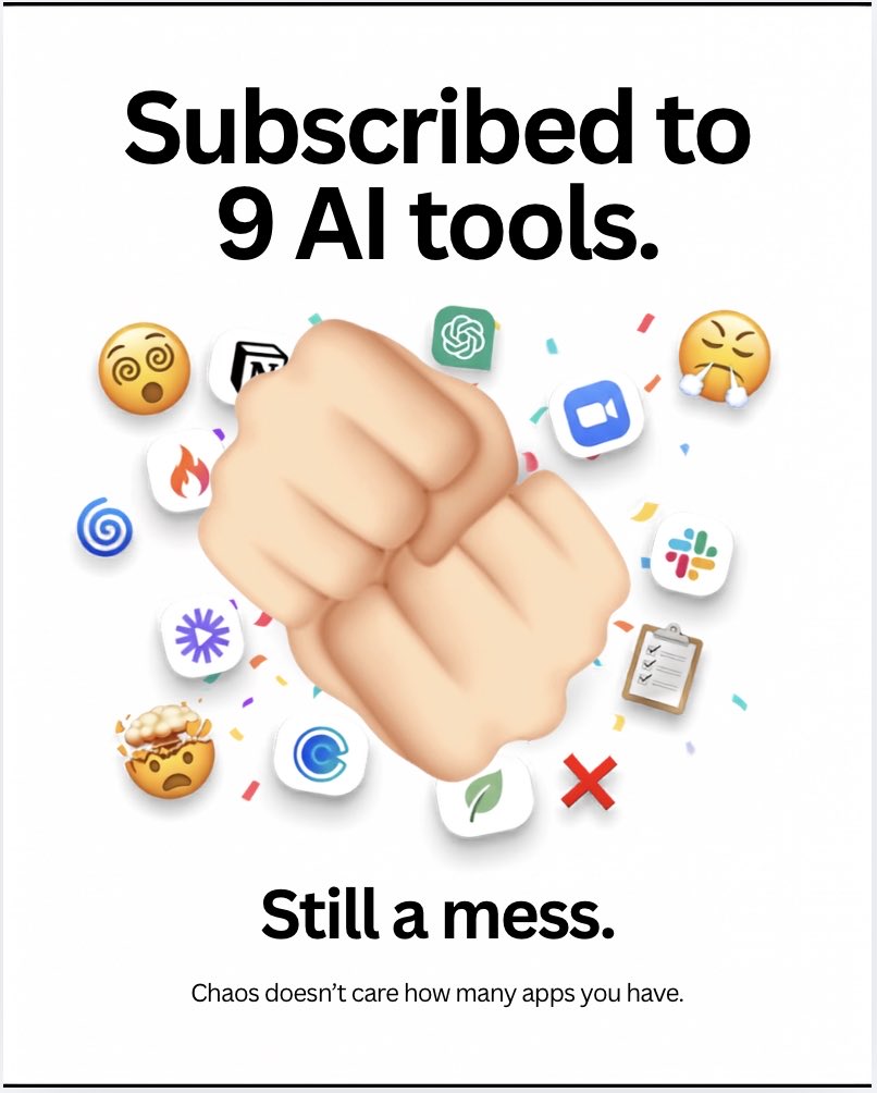 ticnotecloudTNC's tweet photo. 2023: wow AI is going to save me so much time

2024: okay I just need a few more tools

2025: wait which one handles meeting notes

2026: okay but which of my 9 AI subscriptions is supposed to do this.. Swipe to find out!
#AItools #Productivity #ainotetaker #aigeneration https://t.co/S9rQD3IucK