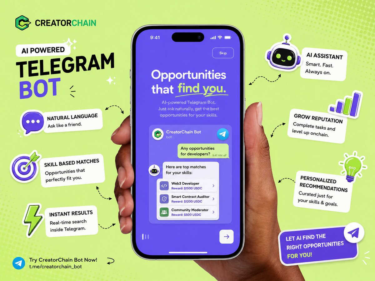 zenvic00's tweet photo. What if finding Web3 opportunities was as simple as chatting

We’re building a CreatorChain telegram Bot powered by natural language 

Just ask:

“Any opportunities for Solidity developers?

“Find ambassador programs on Arbitrum

Show content campaigns with rewards

Any paid moderator roles?”

And the bot instantly scans creatorChain opportunities and sends matching results directly inside telegram

No endless searching
No spreadsheets
No noise

Just ask naturally get real opportunities instantly

@Creatorschain is becoming the AI powered discovery layer for Web3 contributors. ⚡