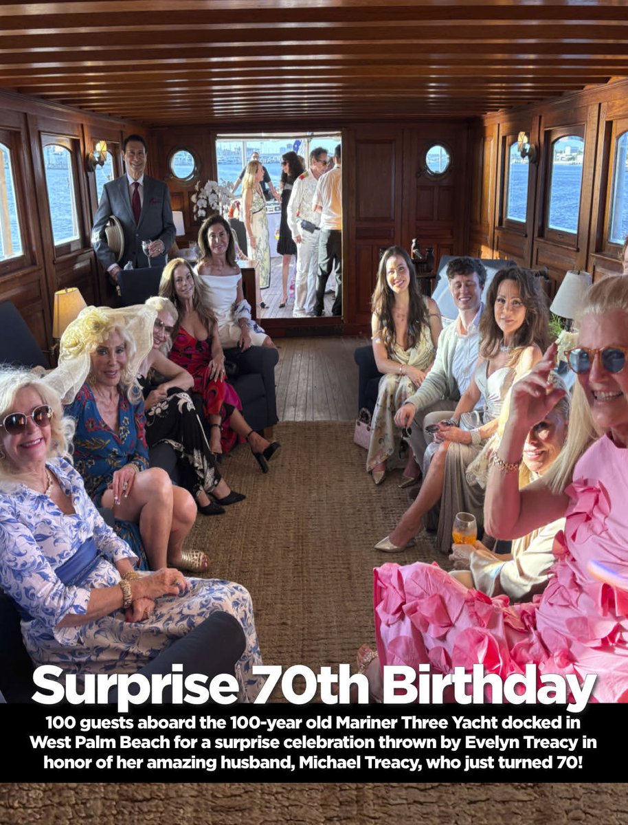 TTrumpette's tweet photo. Enjoyed Cocktail Hour before birthday boy, Michael Treacy, arrived for his surprise 70th, arranged by his beautiful wife, Evelyn.

We mingled on board the yacht that was built in1926 and commutes between New York City and Palm Beach. The chef and crew were beyond fabulous and the 100 guests had the best time—a great mix of people from many walks of life, including the horse world (a passion of mine).

The Treacy’s live in Wellington—the horse capital of South Florida. Evelyn is accomplished and talented—her Chinese New Year party at their home this past January was a most memorable night for me. Evelyn, an award-winning ballroom dancer, has equally interesting and talented friends and family. Casting for this birthday bash was one-of-a-kind!

Evelyn worked on this surprise for her husband, Michael, for over a month. Every detail done to perfection with text updates for guests so we all arrived before Michael—and boy, was he was surprised. We dined on the top deck of the ship with Palm Beach and the glittering night lights as a backdrop. It could not have been prettier, and the lovely breeze was the icing on the cake!

Join the Trumpettes and help grow our presence around the world! It’s easy! It’s free! Join Trumpettes USA at: https://t.co/gLWnNAE27G

Follow, Like, Love & Share Toni Holt Kramer & Trumpettes USA

...