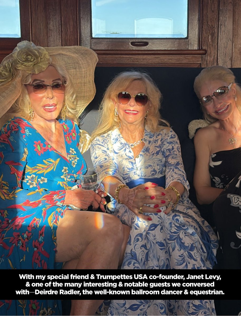 TTrumpette's tweet photo. Enjoyed Cocktail Hour before birthday boy, Michael Treacy, arrived for his surprise 70th, arranged by his beautiful wife, Evelyn.

We mingled on board the yacht that was built in1926 and commutes between New York City and Palm Beach. The chef and crew were beyond fabulous and the 100 guests had the best time—a great mix of people from many walks of life, including the horse world (a passion of mine).

The Treacy’s live in Wellington—the horse capital of South Florida. Evelyn is accomplished and talented—her Chinese New Year party at their home this past January was a most memorable night for me. Evelyn, an award-winning ballroom dancer, has equally interesting and talented friends and family. Casting for this birthday bash was one-of-a-kind!

Evelyn worked on this surprise for her husband, Michael, for over a month. Every detail done to perfection with text updates for guests so we all arrived before Michael—and boy, was he was surprised. We dined on the top deck of the ship with Palm Beach and the glittering night lights as a backdrop. It could not have been prettier, and the lovely breeze was the icing on the cake!

Join the Trumpettes and help grow our presence around the world! It’s easy! It’s free! Join Trumpettes USA at: https://t.co/gLWnNAE27G

Follow, Like, Love & Share Toni Holt Kramer & Trumpettes USA

...
