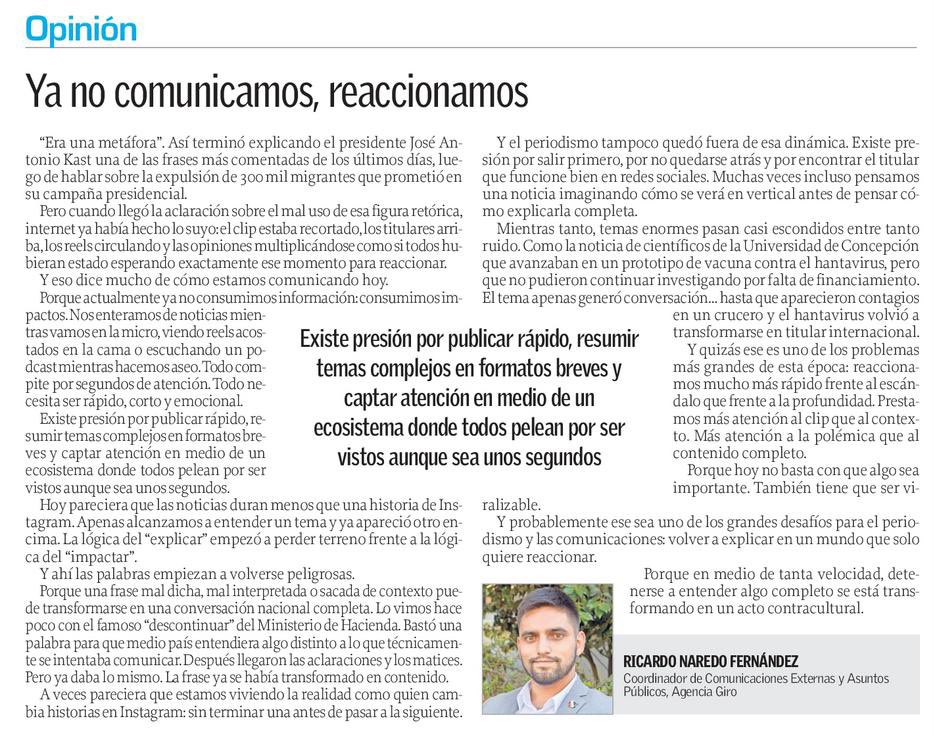 rnaredof's tweet photo. 😎 En la edición de ayer sábado en @elsurcl, publicaron mi columna de opinión. Los #periodistas ya no #comunicamos, #reaccionamos, y desgraciadamente lo hacemos por la #instantaneidad con la que se nos exige llegar con una noticia. Las formas de consumir información cambiaron… https://t.co/713lez2zRm