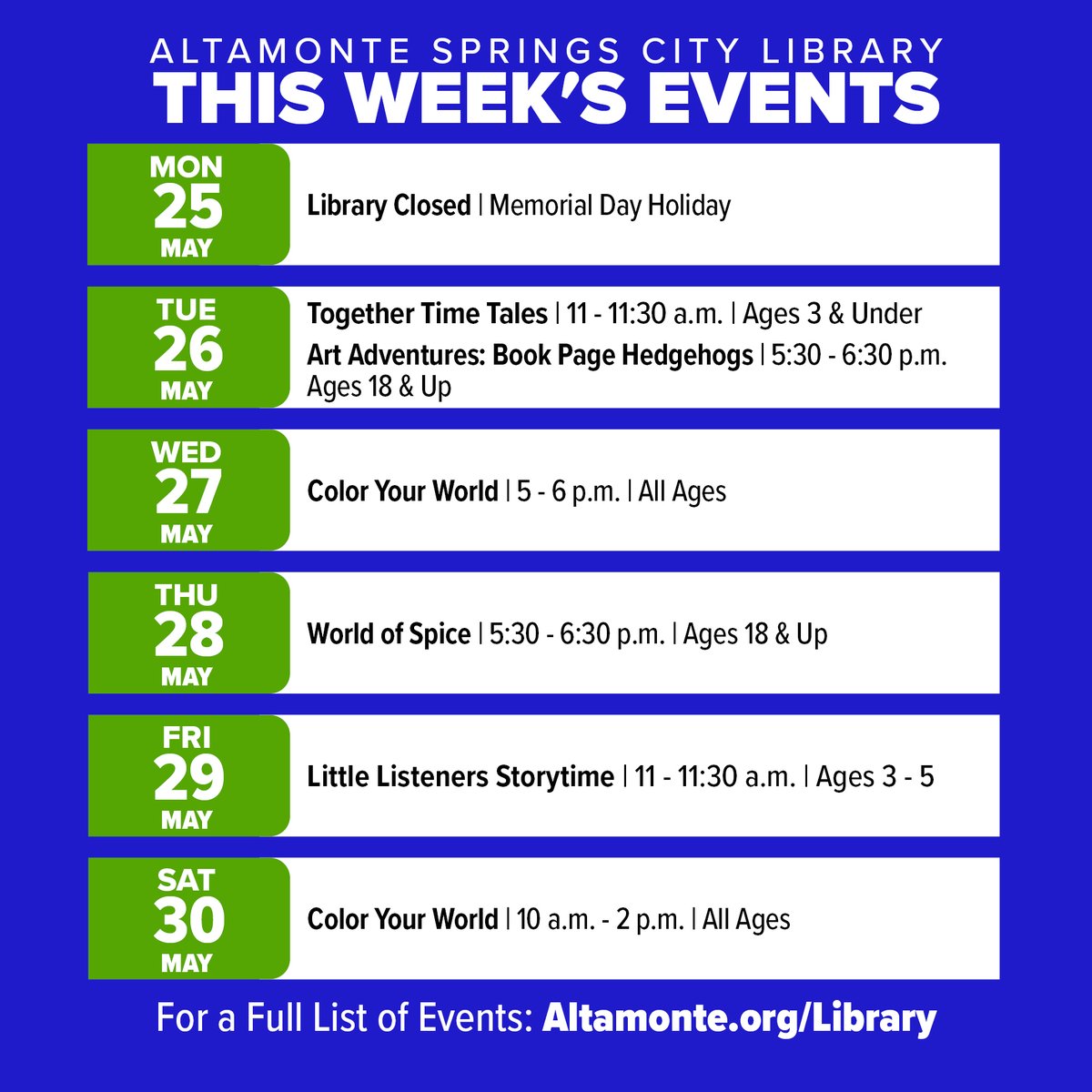 CityofAltamonte's tweet photo. Who's ready for a week full of adventure at the #CityLibrary? 📚 Explore new tales, craft book page hedgehogs or spice up your world. We're excited for you to stop by and experience something new. Event Calendar: https://t.co/8TrXruPhR7 #LiveAltamonte #LibraryEvents https://t.co/esBP9G3JBp