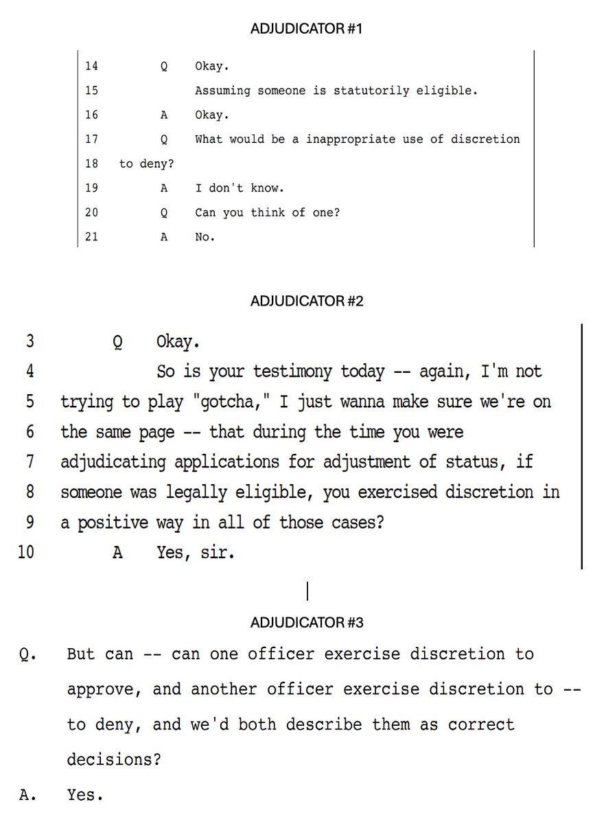 BaniasLaw's tweet photo. In 3 depositions with 3 @USCIS adjudicators, each gave a different view of discretion in Green Card applications: Adj. 1 could not think of an inappropriate exercise of discretion; Adj. 2 said legal eligibility ALWAYS deserved positive discretion; and Adj. 3 said two officers could exercise discretion differently and both be right. #SaveAOS #AbuseOfDiscretion Uncertainty is not good for anyone. @USCISJoe's memo increases this uncertainty ten fold.