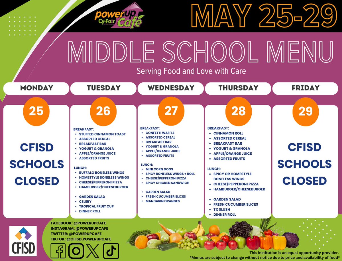 PowerUpCafe's tweet photo. THREE DAY WEEK! Check out what's on tap for breakfast and lunch this last week of school! Congrats to all our CFISD seniors graduating this week! Full Menus can be found on our website: https://t.co/L5f2iWIeo4 https://t.co/N5bVoGPOKX