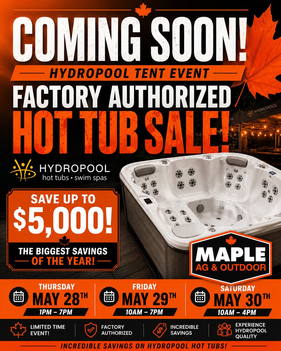 MapleAgOutdoor's tweet photo. 🚨 ONE WEEKEND ONLY 🚨
Save up to $5,000 at the Hydropool Factory Authorized Tent Sale 💦

📅 May 28–30 ONLY
Don’t miss it!

#Hydropool #HotTubLife #TentSale #SpaLife #BackyardGoals https://t.co/KkzSVNm7v3