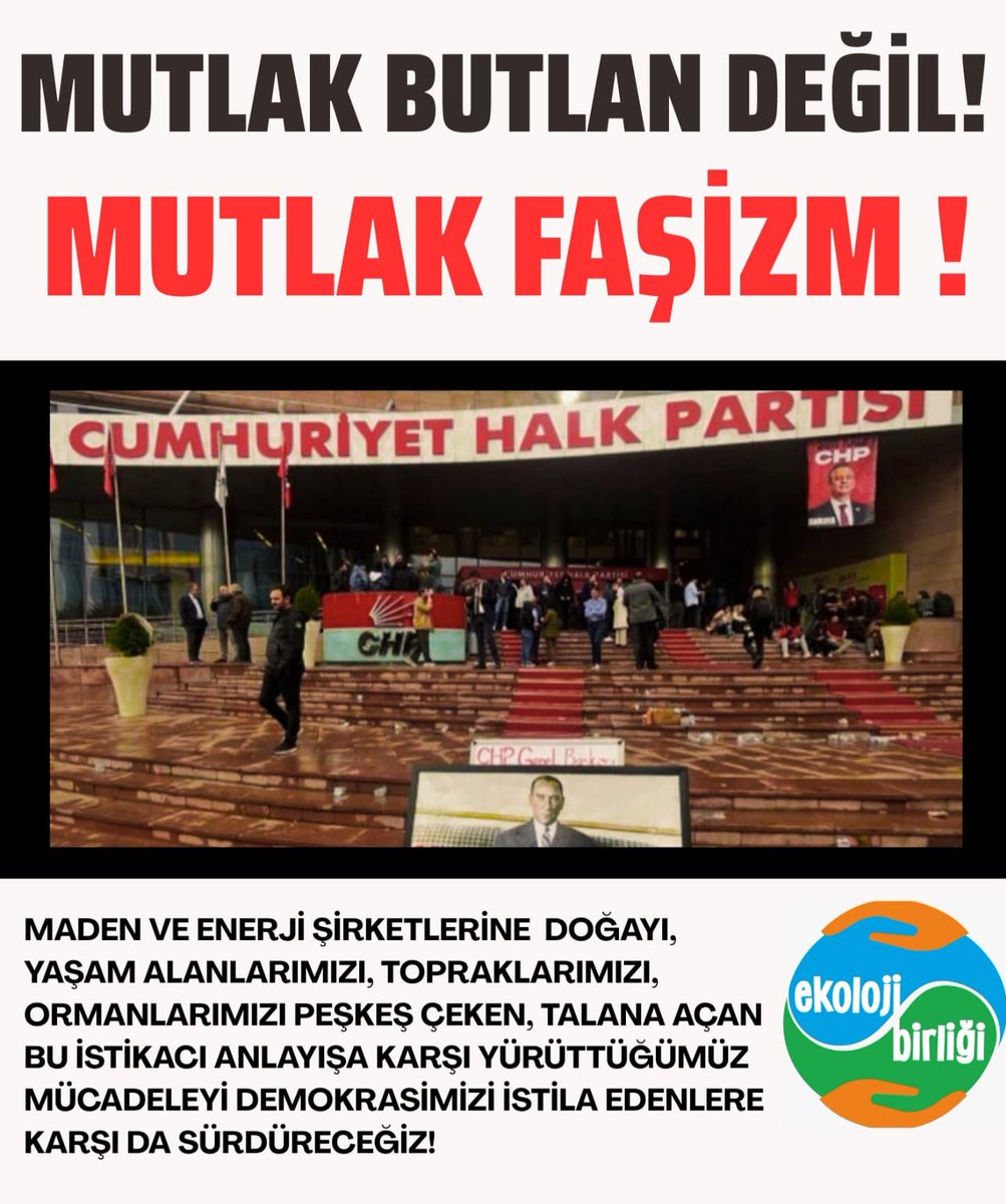 ekolojibirligi's tweet photo. Mutlak Butlan Değil Mutlak Faşizm!

Maden  ve enerji şirketlerine doğayı, yaşam alanlarımızı, topraklarımızı, ormanlarımızı peşkeş çeken, talana açan bu istilacı anlayışa karşı yürüttüğümüz mücadeleyi demokrasimizi istila edenlere karşı da sürdüreceğiz. https://t.co/H8b0qB8B3n