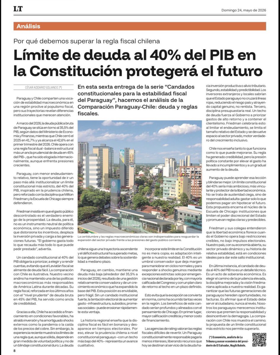 vanev87's tweet photo. "Paraguay, con su deuda en 35,5%, está en condiciones ideales para dar este salto institucional. Un límite del 40% sería más ambicioso que Chile." @CesarAddario 🇵🇾🚀

No es austeridad. Es soberanía económica.

Es elegir el futuro de nuestros hijos sobre 
los impulsos electorales de hoy.

https://t.co/DgYfHRzUh0