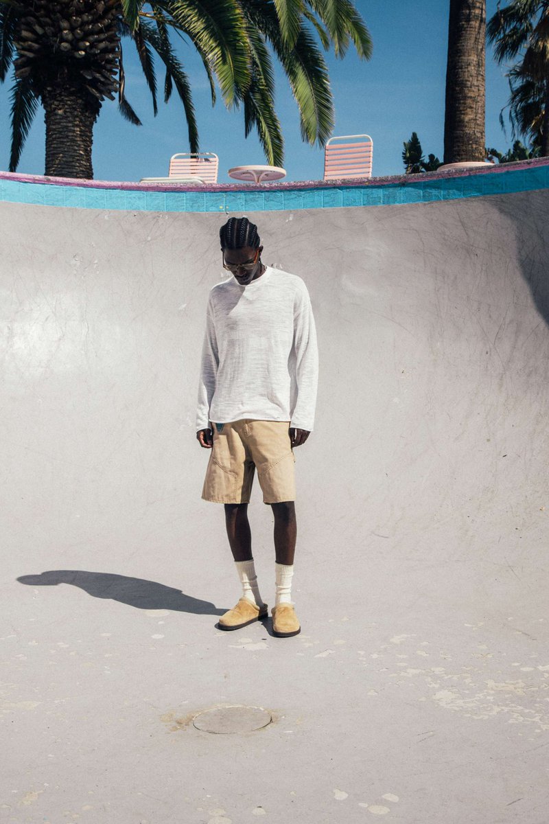 representclo's tweet photo. The Slub Knit T-shirt is a long sleeve textured true-knit t-shirt, in a semi-sheer cotton yarn, with metal hardware to the lower, and raw hems to the sleeves and body.

The Carpenter Shorts in tanned cotton, washed and distressed, finished with tonal summer script embroidery. https://t.co/FKS6GT4kho