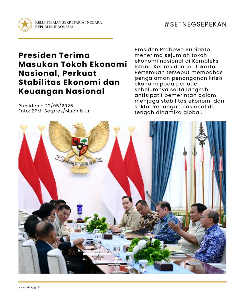 KemensetnegRI's tweet photo. SETNEG SEPEKAN FOTO        

Kumpulan foto highlight kegiatan Presiden, Wakil Presiden, Menteri Sekretaris Negara, dan Kementerian Sekretariat Negara selama sepekan Edisi 18-24 Mei 2026. (1/2)       

#KemensetnegRI 
#SetnegSepekan https://t.co/3C7ZlhcZKG