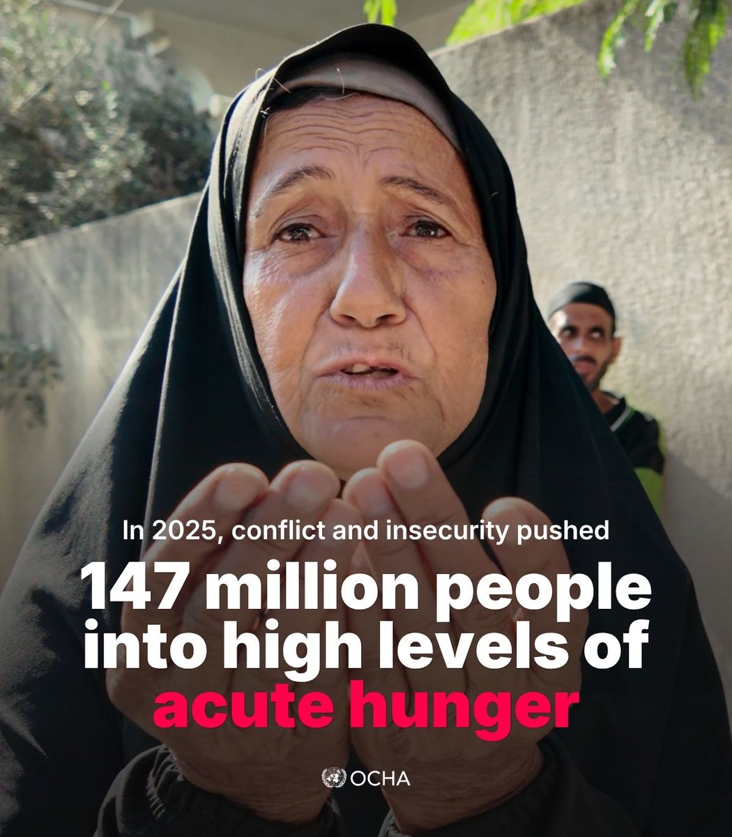 UNOCHA's tweet photo. In 2025, conflict drove hunger across the world.
 
Markets destroyed.
Crops wiped out.
Humanitarian access blocked.
 
When food systems are attacked, civilians pay the price.
 
The rules of war are a line of defence against hunger. They must be respected.
 
#NotATarget https://t.co/GlcjJZvZiu
