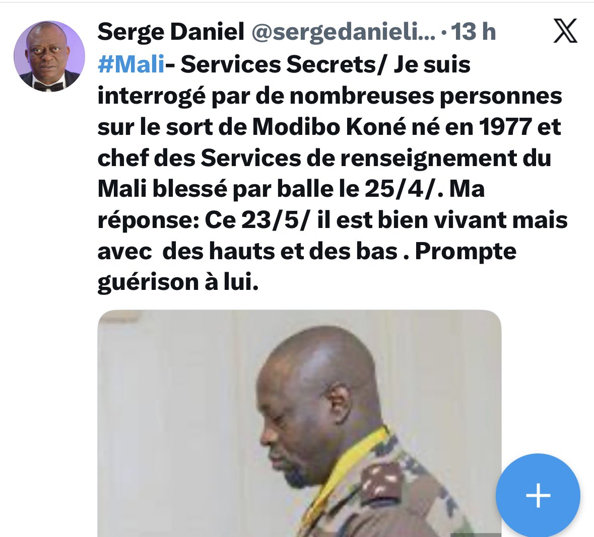 sergedanielinfo's tweet photo. #Mali-Services Secrets/ Après mon tweet ci dessous sur le chef des services secrets maliens, une source sécuritaire malienne m’a contacté pour me dire «  Serge il est né en 1979 et non 1977 » Ma réaction : - Ok je vais le rajeunir . C’est fait si bien sûr il est de 1979. https://t.co/hvBx7D39Vu