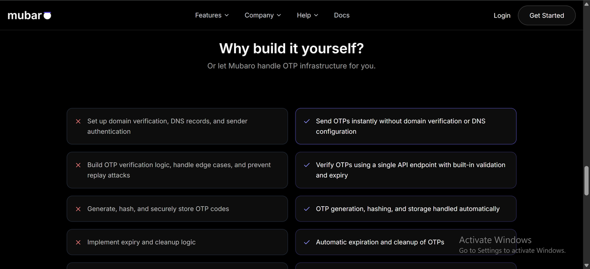 Mubaroapp's tweet photo. Why spend weeks building OTP infrastructure from scratch or paying for complex email/domain setups just to send verification codes?
 
With Mubaro, you can authenticate your app and start sending OTPs in minutes 

Mubaro handles:
- OTP generation
- delivery
- verification
- expiration
- logs & tracking
- templates 

So you can focus on building your product instead of rebuilding authentication systems.

Create an account, get your API key, and start integrating