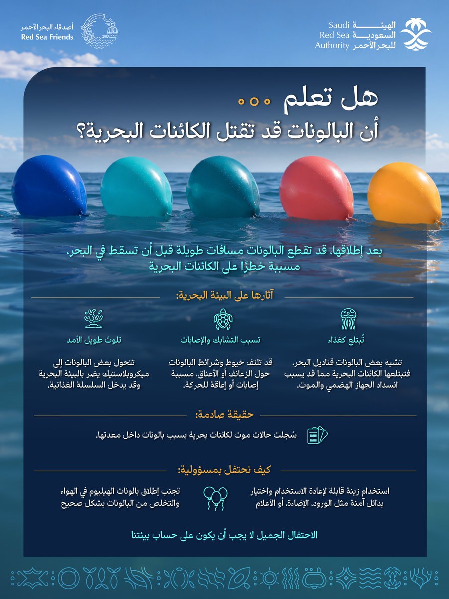 RedSeaSaudi's tweet photo. البالونات قد تبدو احتفالًا جميلًا… لكنها قد تتحول إلى خطر يهدد الحياة البحرية. لنحتفل بمسؤولية ونحافظ على بيئتنا البحرية 🌊
#البحر_الأحمر https://t.co/MySXvVeRnr