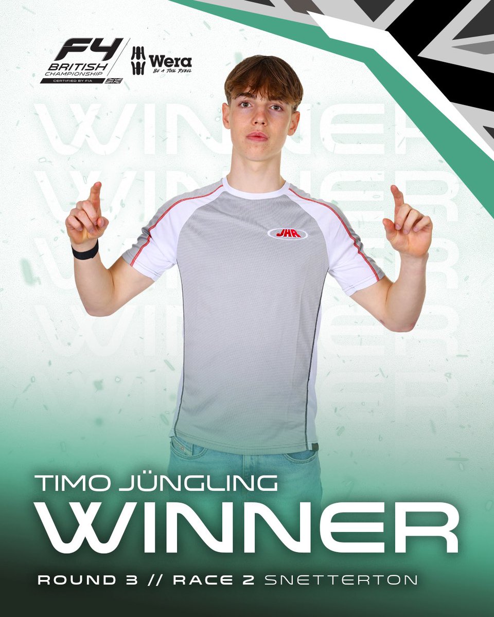 BritishF4's tweet photo. 🎶 Oooh Timo Jüngling… 🙌 

Lights to flag for the JHR driver in race two!

That’s every session topped for the Derbyshire team…

Can they do the clean sweep in the final #BritishF4 encounter this afternoon. https://t.co/upVUH3l3oF