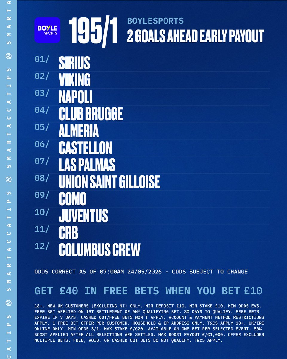 SmartAccaTips's tweet photo. 25/1 & 195/1 EARLY PAYOUT ACCA'S!!!

Join here: https://t.co/YZPcNyqvIm

1 up here: https://t.co/WsC7RUnpFF

2 up here: https://t.co/HcPl51jSRZ

Bet £10 on this and get £40 in FREE BETS to use when you sign up as a new customer.

AD | New Customer Offer | 18+ | T&Cs apply | Gambleaware