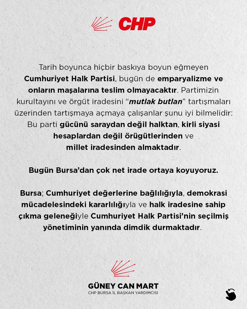 guneycanmart's tweet photo. İl Başkanımız @nihat_yesiltas ‘ın liderliği ve Bursa örgütümüzün tüm gücüyle, baba ocağımıza, halkımızın umudu partimize sahip çıkıyoruz.

İl Yönetim Kurulu Üyelerimizle ortak bildirimizdir.

Kurtuluş yok tek başına,
Ya hep beraber ya hiç birimiz!

#chp #özgürözel https://t.co/1Qt93i1IhR