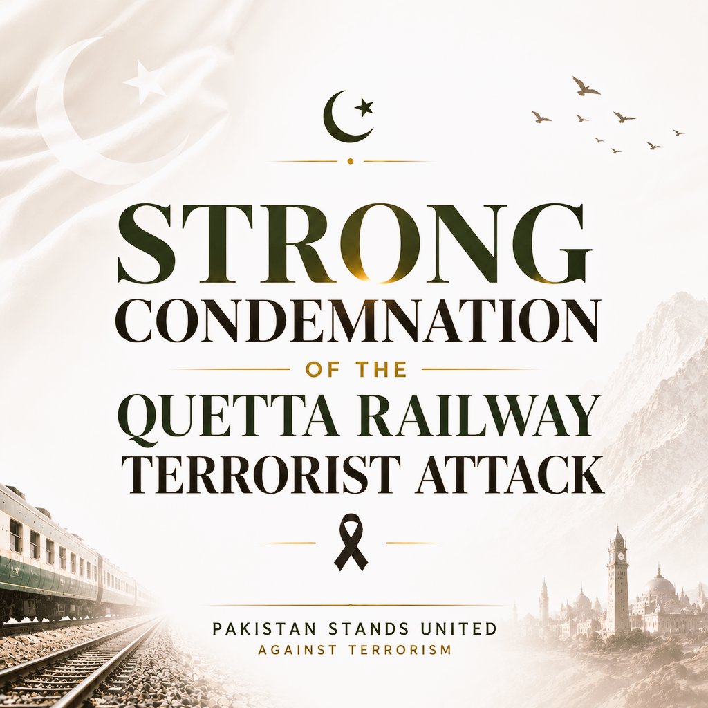drishratulebad's tweet photo. کوئٹہ میں ریلوے ٹریک کے قریب ہونے والی دہشتگرد کارروائی کی شدید مذمت کرتا ہوں۔ معصوم جانوں کو نشانہ بنانا بزدلی، سفاکیت اور امن دشمن سوچ کی عکاسی کرتا ہے۔

شہداء کے اہل خانہ کے دکھ میں شریک ہوں اور زخمیوں کی جلد و مکمل صحتیابی کے لیے دعاگو ہوں۔

پاکستان کے امن، استحکام اور قومی یکجہتی کو نقصان پہنچانے کی ہر مذموم کوشش ناکامی سے دوچار ہوگی۔ دہشتگرد عناصر یہ جان لیں کہ خوف اور دہشت کے ذریعے قوموں کے حوصلے پست نہیں کیے جا سکتے۔

ایسی بزدلانہ کارروائیاں دہشتگردی کے خلاف پاکستانی قوم کے عزم کو کمزور نہیں بلکہ مزید مضبوط کرتی ہیں۔

دہشتگردی کے خلاف پوری قوم متحد ہے اور پاکستان کے امن و سلامتی کے خلاف ہونے والی ہر سازش کے مقابلے میں سیسہ پلائی دیوار بن کر کھڑی ہے۔

پاکستانی عوام دہشتگردی کے خلاف قومی جدوجہد میں افواجِ پاکستان، قانون نافذ کرنے والے اداروں اور سیکیورٹی فورسز کے ساتھ کھڑی ہے اور ملک کے امن، استحکام اور محفوظ مستقبل کے تحفظ کے لیے پُرعزم ہے۔

I strongly condemn the terrorist attack near the railway track in Quetta. Targeting innocent lives reflects cowardice, brutality, and a mindset that stands against peace and humanity.

My thoughts and prayers are with the families of the victims, and I pray for the swift and complete recovery of those injured.

Every malicious attempt aimed at undermining Pakistan’s peace, stability, and national unity will fail. Terrorist elements must understand that fear and violence can never weaken the spirit and determination of a nation.

Such cowardly acts do not weaken the resolve of the Pakistani people against terrorism. Instead, they further strengthen our collective commitment and unity.

The nation stands united against terrorism and remains an unbreakable wall against every conspiracy targeting Pakistan’s peace and security.

The people of Pakistan stand firmly with the Armed Forces, law enforcement agencies, and security institutions in the national struggle against terrorism and remain fully committed to safeguarding the country’s peace, stability, and secure future.