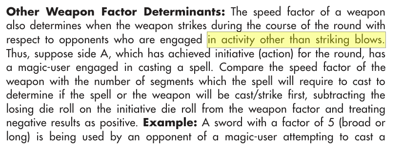 sacibengala's tweet photo. @ericbabe3 @_Autarch_ And you can do it in melee. It works just as spellcasting in melee. Id depends on the speedfactor of the weapon of the enemy and the initiative roll of who's lost. It's on page 66 DMG https://t.co/ZmOx6YxfeG