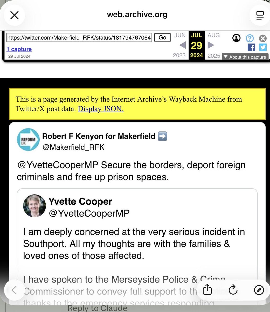 BylineTimes's tweet photo. By 15:02 that day — the children barely an hour dead, the attacker still unidentified — Kenyon was telling Yvette Cooper to "secure the borders, deport foreign criminals." Six minutes later, a second message. Six exclamation marks. "SORT IT OUT NOW." 6/12 https://t.co/QAp08NUMhZ