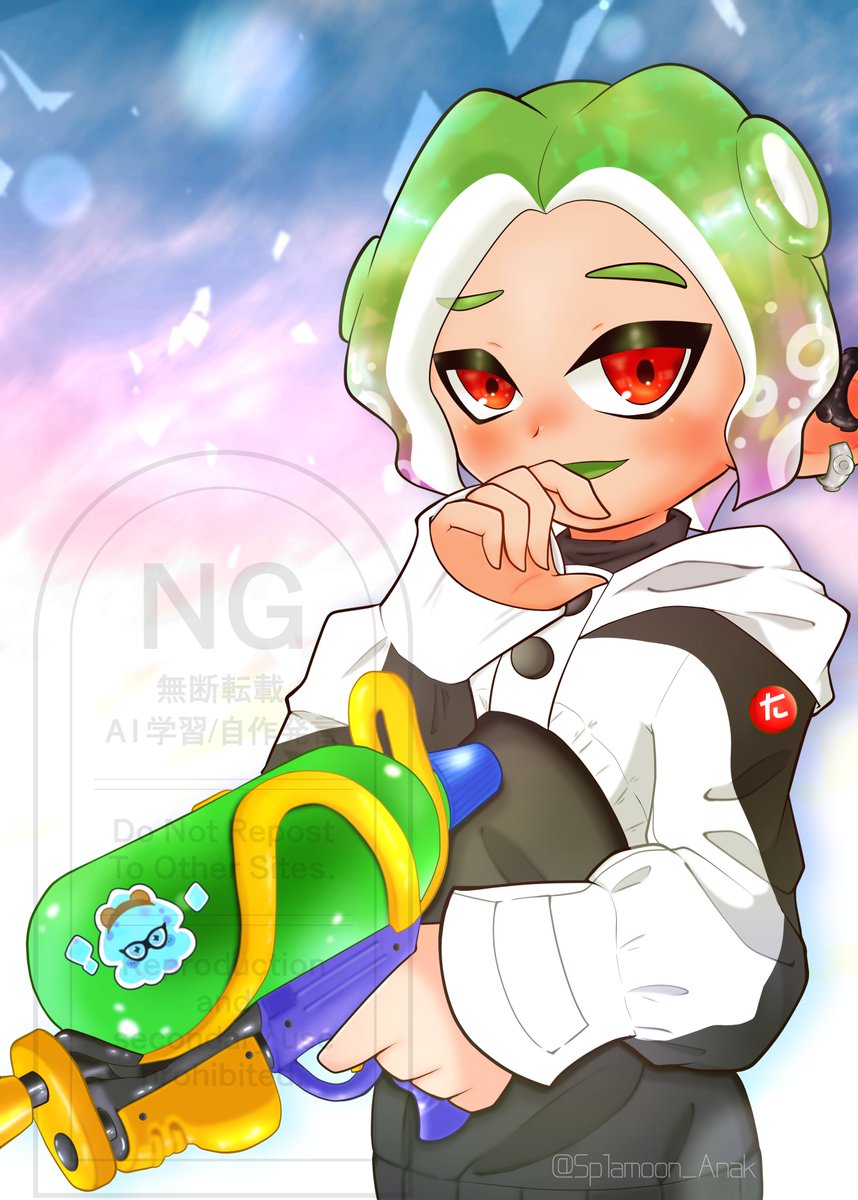 Splamoon_Anak's tweet photo. こちらのイラストはスプラケット27にて頒布された蒼雲さん(@ spht_aomo)の合同イラスト本「BLUE etc. Special」に寄稿させていただいたものです！💚
とても楽しく描かせてもらいました！ https://t.co/rzx2Q8ctqX