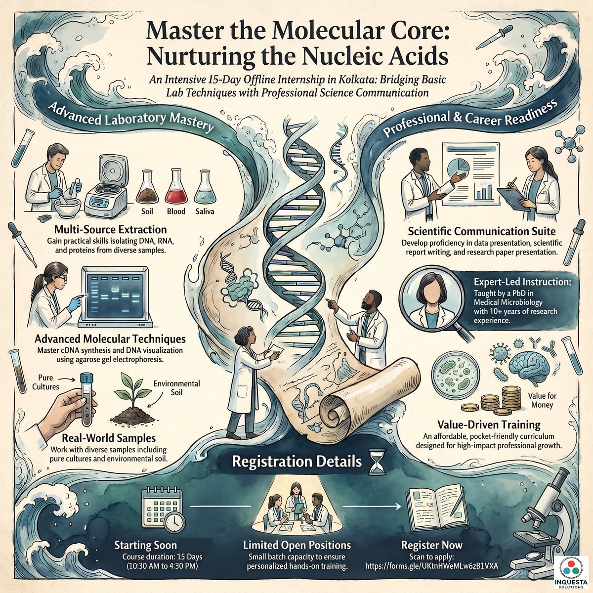 InquestaSol's tweet photo. 🧬 Master DNA, RNA &amp; Protein science! 15-day intensive lab internship for UG/PG/PhD students. 🔬 Hands-on extraction from soil, blood &amp; saliva + cDNA synthesis,. 💡 Mentored by a PhD in Medical Microbiology 🚨 LIMITED SPOTS! Starts in May. Register: https://t.co/75g2eP4e0Q https://t.co/jx8DGwWzmm
