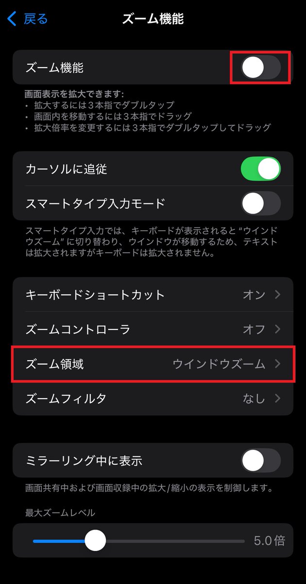 Ryinghat's tweet photo. @bitoukithi iPhoneの設定
→アクセシビリティ
→ズーム機能
→ズーム領域を「ウィンドウズーム」に変更
→ズーム機能ON
ウィンドウ白枠下部の部分で位置や拡大範囲を調整できます。 https://t.co/pvmnKLBq46