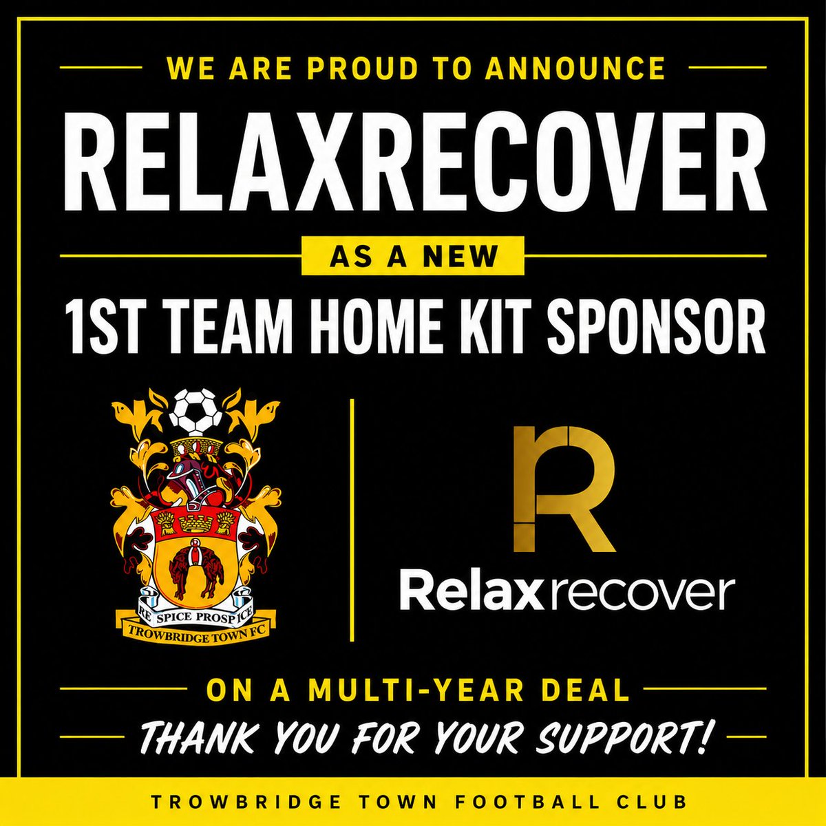 TrowTownFC's tweet photo. 🤝 We’re delighted to welcome Relaxrecover as a new 1st Team Home Kit Sponsor on an exciting multi-year Partnership. 💪

 Full Story ⬇️ 

https://t.co/70vkr6YVFm

#UTB 🐝 https://t.co/9PqjEvKLoq