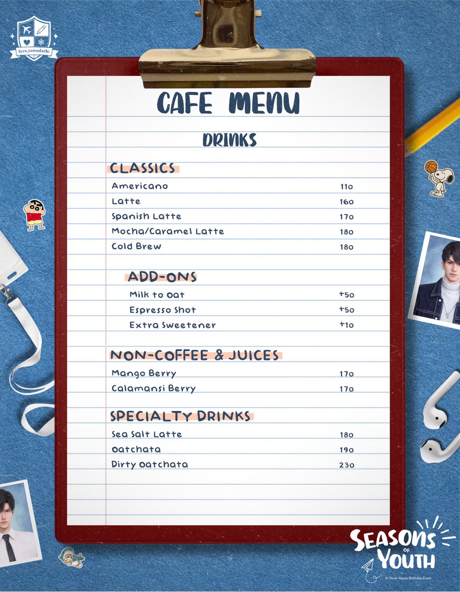 lovetomodachi_'s tweet photo. Sweet treats, warm drinks, and little moments worth savoring together.

Take a look at the café menu prepared for this season. From comforting drinks to cozy bites, we hope each order adds warmth to your day 🌤️

Note: All orders will be on a pre-order basis. Forms will be sent through email.

#SeasonsOfYouthCSE #SnowAppleCSEPH #SATamangPanahon #LoveandDeepspacePH