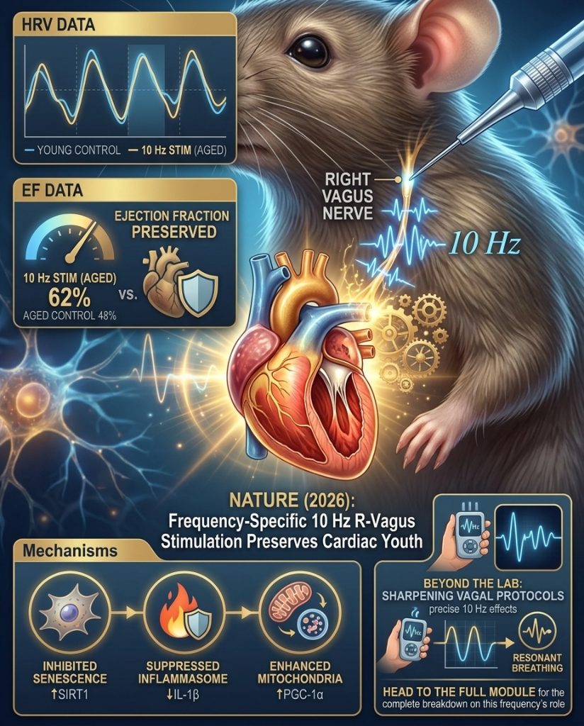 SterlingCooley's tweet photo. Think of your heart as a vintage sports car that’s started to rattle. You could ignore the clanking, or you could find the secret tuning frequency that makes it purr like it’s fresh off the lot.

Scientists recently discovered that the right vagus nerve is essentially the body's "Golden Oldies" radio station. When you broadcast at exactly 10 Hz, your heart suddenly forgets it’s supposed to be aging.

In a recent study, aged mice given this 10 Hz "electric lullaby" kept their heart rate variability as bouncy as a caffeinated toddler. Their ejection fraction—the heart's pumping power—stayed rock solid, refusing to let Father Time slow the flow.

It’s not just about "stimulating" the nerve; it’s about the precision of the dial. Like trying to find a clear signal on a stormy night, 10 Hz is the sweet spot for cardiac resilience.

If you’re bio-hacking with ultrasound or deep breathing, remember: your heart craves a specific rhythm. It’s not just noise; it’s a symphony.

Dial in that frequency. Your heart might just start acting like it’s back in its twenties, hopefully without the questionable fashion choices.

https://t.co/BW5PnVIMC0