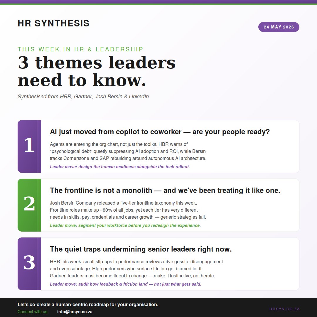 HRSynthesis's tweet photo. 3 themes leaders can't afford to miss this week - AI as coworker, the frontline reset, and the quiet traps undermining senior leaders. Insights in the visual 👇 Connect with us📩 info@hrsyn.co.za
#HRLeadership #FutureOfWork #HumanCentric #AIatWork #LeadershipMatters #HRSynthesis https://t.co/ONW2JKKmvV