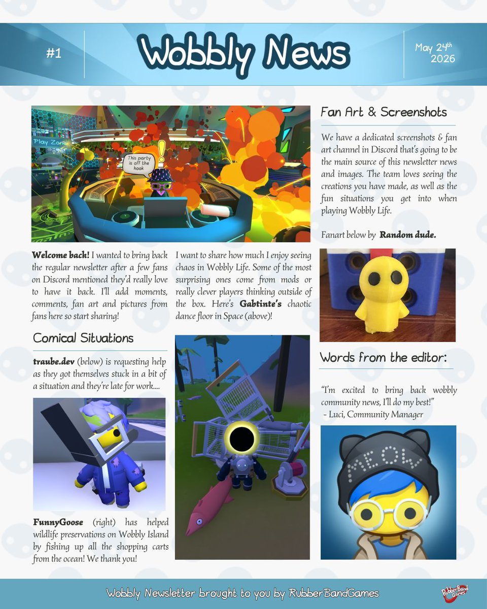 WobblyLifeDev's tweet photo. we're bringing back a little experimental series of news like we did for the Space Update, except this will be featuring YOU and your fan art, screenshots and tips &amp; tricks!😌✨

suggest what we should add in our newsletter below! 👇🏻

#indiegame #wobblylife #newsletter #indiedev https://t.co/nP4kYOYlRs