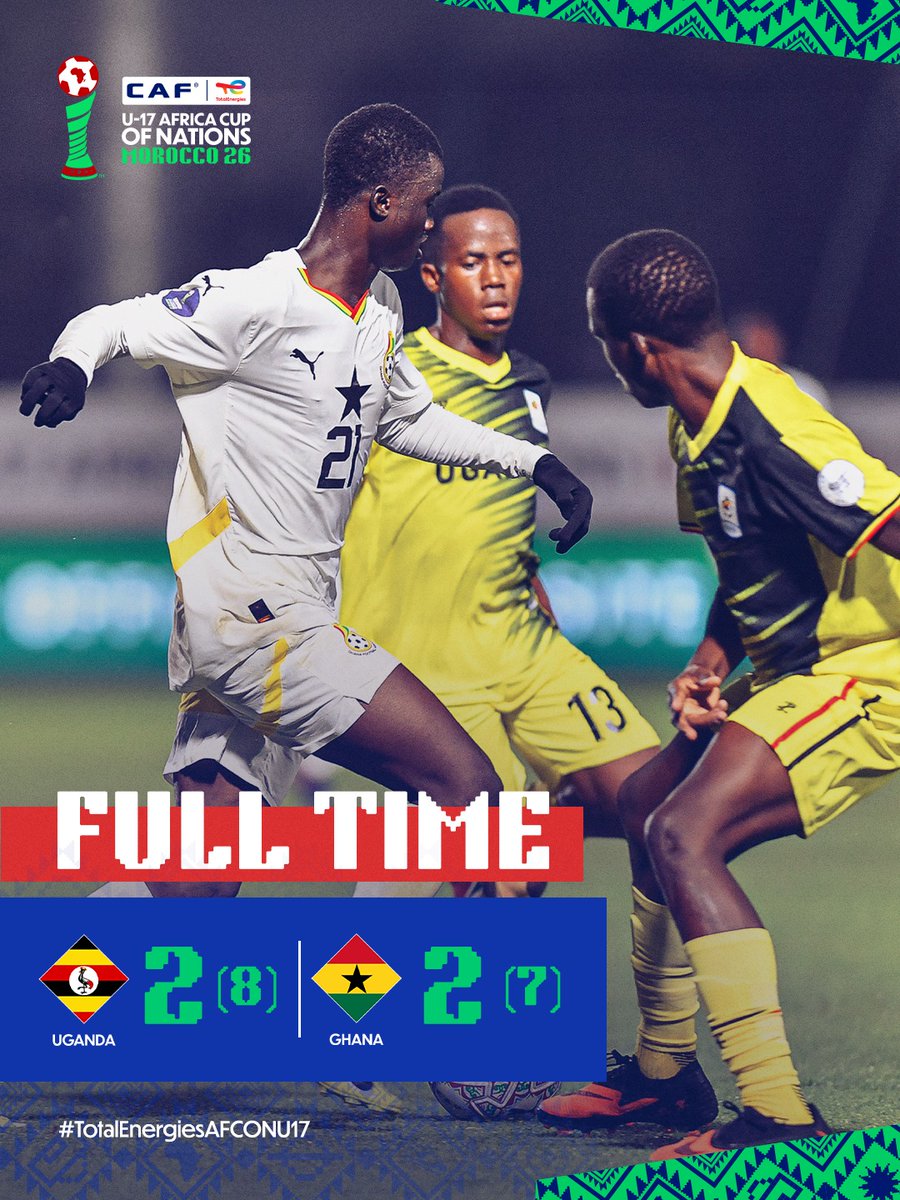 CafZoneOuestB's tweet photo. U‑17 World Cup Qualifiers: Uganda knocks out Ghana after a dramatic, suspense‑filled match 🔥

Uganda eliminates Ghana on penalties 8–7, after a 2–2 draw in regular time. A cruel ending for the Black Starlets, who led twice before Uganda equalized at 90+2’.

Despite the result, Ghana showed courage, quality and a promising future for CAF Zone West- B 

#CAF #UFOAB #CANU17 #WAFUB #Ghana #U17WorldCup #YouthFootball #RoadToQatar2026

Éliminatoires Coupe du Monde U‑17 : l’Ouganda élimine le Ghana après un match dramatique et plein de suspense 🔥

L’Ouganda élimine le Ghana aux tirs au but 8–7, après un match nul 2–2 dans le temps réglementaire. Une fin cruelle pour les Black Starlets, qui ont mené à deux reprises avant l’égalisation ougandaise à la 90+2’.

Malgré le résultat, le Ghana a montré du courage, de la qualité et un avenir prometteur pour la CAF Zone Ouest- B 

#CAF #UFOAB #CANU17 #WAFUB #Ghana #U17WorldCup #YouthFootball #RoadToQatar2026