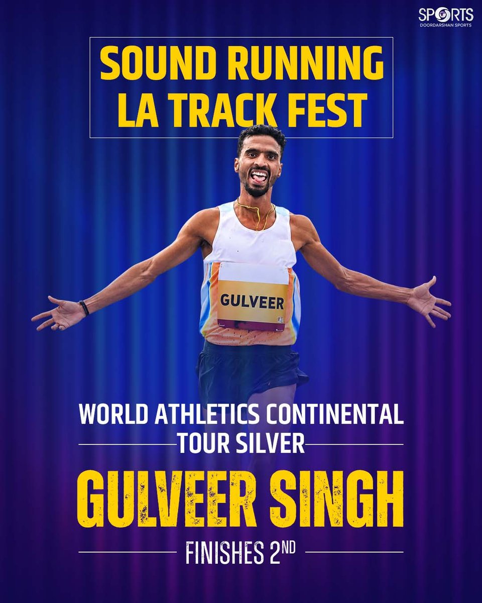 ddsportschannel's tweet photo. Unstoppable & persistent!
Gulveer clocked a sensational 13:03.93 in the Men’s 5000m at the #SoundRunning #LATrackFest, finishing second.
His fastest-ever outdoor 5000m and the 2nd best timing of his career 👏
#IndianAthletics
@Media_SAI @afiindia @IndiaSports https://t.co/exRxqN8jdH