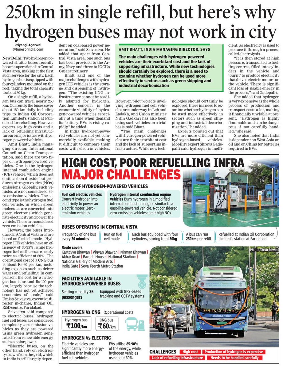 priyangiTOI's tweet photo. Two hydrogen-powered shuttle buses recently became operational in Central Vista area, making it the first such service for Delhi. On a single refill, a hydrogen bus can travel nearly 250 km. Why it may not work in Delhi. https://t.co/J7BcwFwpsL https://t.co/NZOiCgcfIS