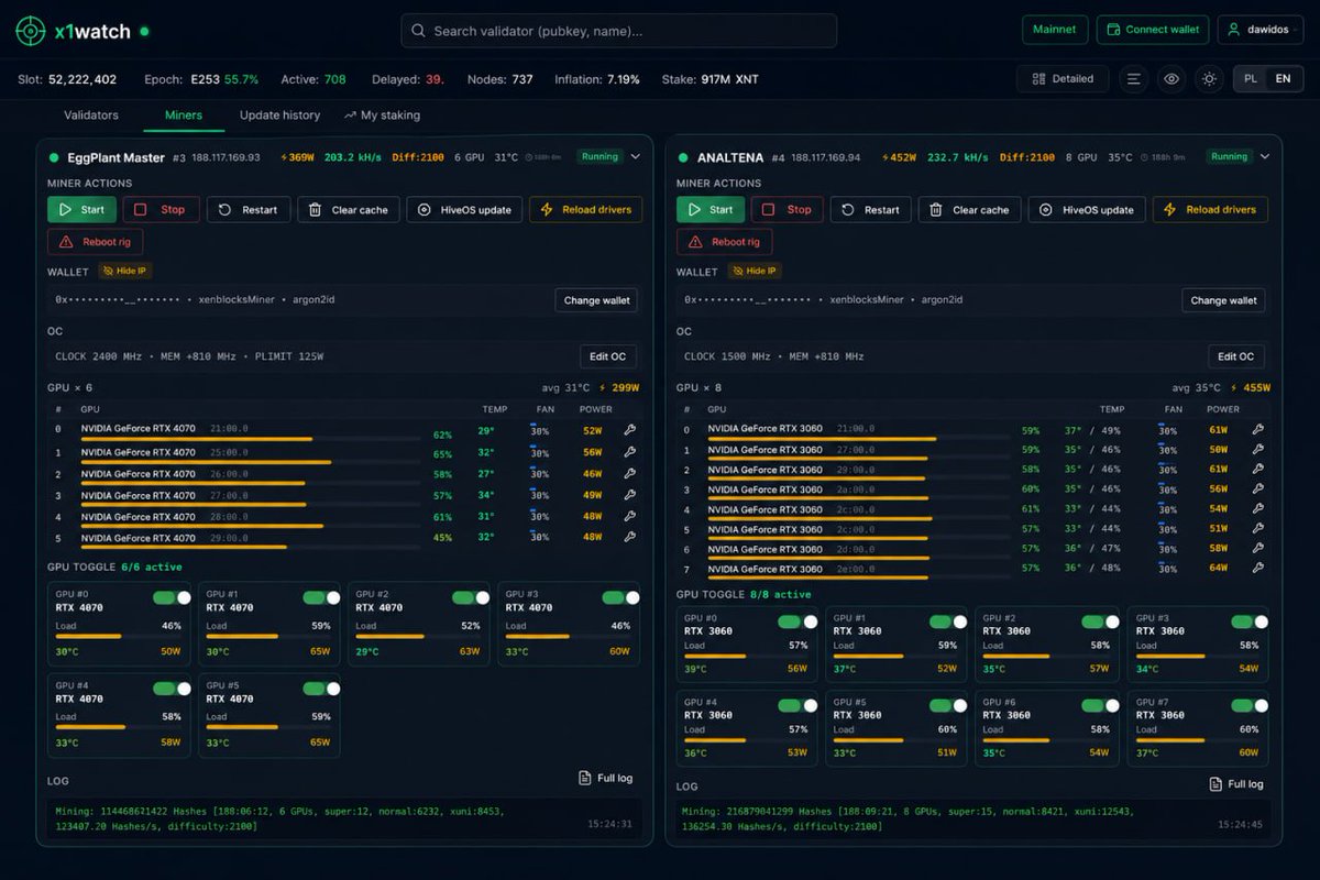 Analtena's tweet photo. 🚀 x1watch — monitoring & management for the X1 Network

Everything an X1 operator and delegator needs to know about their validators and miners — all in one place.

🔍 What is x1watch?

x1watch is a dashboard built for monitoring and managing infrastructure on the X1 Network.

Built by an operator, for operators — because we needed a tool that shows everything that matters without logging into terminals or manually checking commands.

With one glance, you instantly know:

⚡ whether your validator is running properly
💰 how much it’s earning
🔄 whether a node update is needed
📈 what’s happening with your stake
🛠️ What x1watch can do
📊 Validator Monitoring
Live validator status, performance, voting quality per epoch, rewards, commission, and health metrics.

Instantly see whether a validator is active, delinquent, or underperforming — and how it compares to the rest of the network.

⛏️ Miner Monitoring

Your miners in the same dashboard — status and performance in one place, without switching between tools.

🔔 Node Update Alerts

One of the most important features for operators: instant notifications when a new node version becomes available.

No more missed updates or unexpected downtime leading to delinquent status.

🧾 Full update history included — so you always know what changed and when.

💼 Stake Management — directly from your wallet

Complete staking operations without exposing your private key:

✅ creating and delegating stake accounts
🔀 merge & split stake operations
💸 withdrawals
🔁 redelegation

Transactions are built directly in your browser and signed securely through your wallet — your private key never leaves your device.

🛡️ Every transaction is simulated before submission, so you can see the result before anything reaches the blockchain.

📈 Self-Stake & Delegations
A complete overview of your staking activity:
💰 self-stake
👥 delegations
📊 reward distribution
📈 earnings
Know exactly where your revenue comes from.

🌍 Telegram Alerts + Multilingual Support

Receive important alerts directly on Telegram.

🇬🇧 English + 🇵🇱 Polish supported.

👥 Who is it for?

🛠️ Validator operators — complete monitoring and infrastructure control without using the terminal
⛏️ Mining operators — hardware and mining performance in one place
💼 Delegators — transparent insight into where and how their stake is working
🔐 Security First

x1watch never asks for your private key or seed phrase.

All fund-related operations are signed through your own wallet — we only build the transaction, you approve it.

🛡️ Sensitive data always stays on your side.

🚀 What’s next?

We’re currently building the full public version — so every X1 operator and delegator can add their validators and miners and use x1watch the same way we use it every day.

👀 Stay tuned — more coming soon.

x1watch — built for the X1 community.
@mrJackLevin