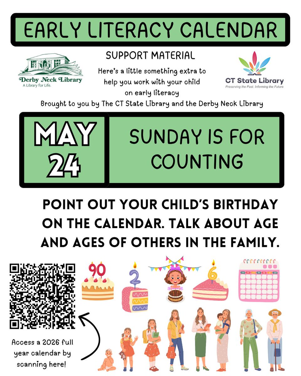 DerbyNeckLib's tweet photo. Today's suggested activity to support early literacy, from the Connecticut State Library:

Sunday is for Counting

Point out your child's birthday on a calendar. Talk about age and ages of others in the family.

Follow us for daily activities! https://t.co/pPVK4C0VdN