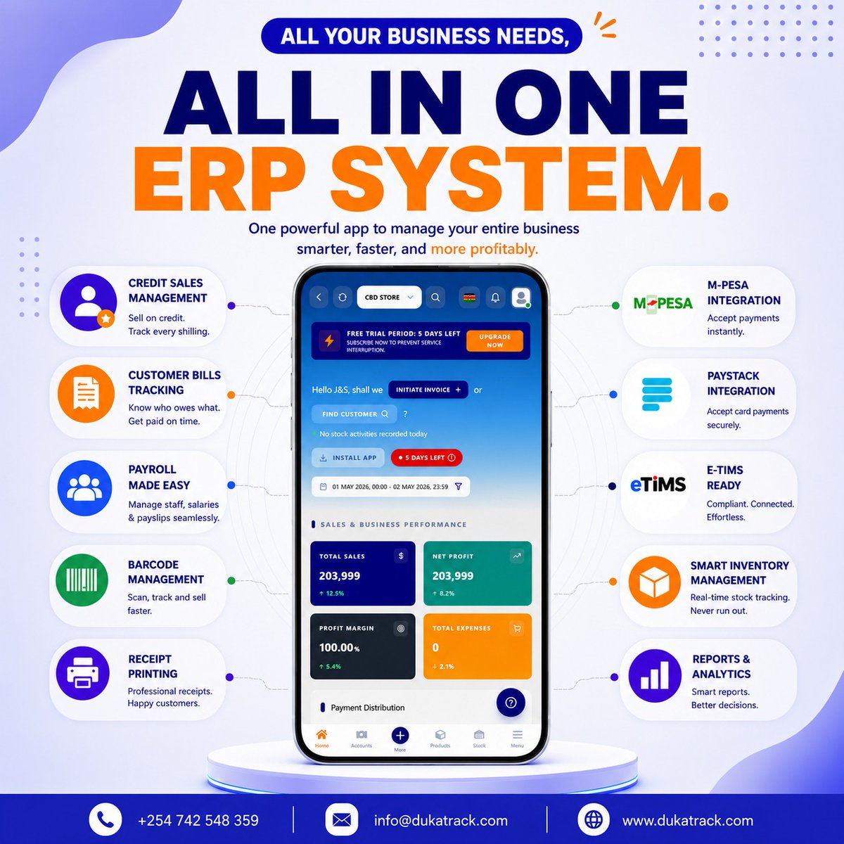 dukatrack's tweet photo. Stop losing money through manual processes.

With Duka Track ERP, you can automate sales, stock, payroll, payments, receipts, customer credit tracking, and compliance—all from one platform.

Built for growing businesses.

Talk to us today 🚀
📞 +254 742 548 359 https://t.co/lc0p06nEFS