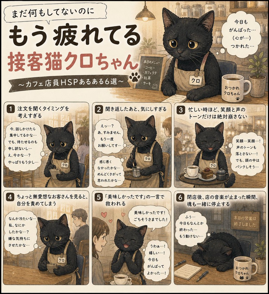 sn1127ns's tweet photo. 「いらっしゃいませ〜！」って笑顔で接客してるけど、内心ずっと、

“今話しかけて大丈夫かな…”
“嫌な気持ちにさせてないかな…”

って考えてる接客猫クロちゃん。
人が嫌いじゃないからこそ、疲れちゃう。

#HSP #猫漫画 #繊細さん #仕事つらい #接客業 https://t.co/TDFVknC0Cc