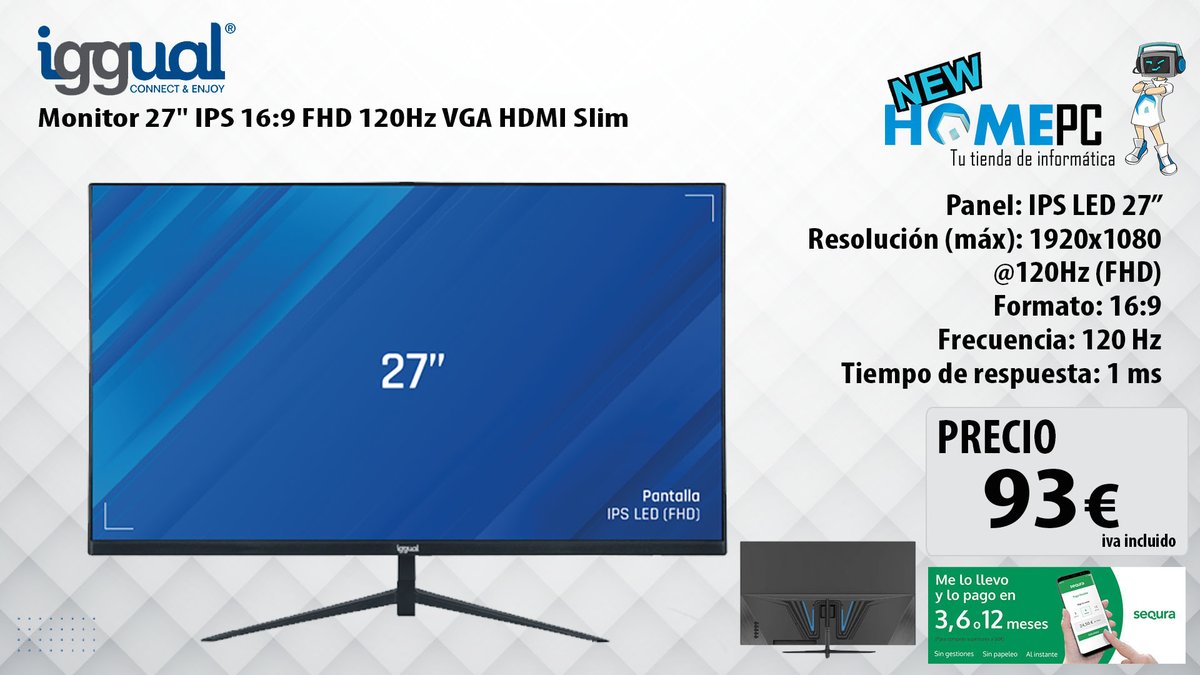 NewHomePC's tweet photo. 🚨¡Monitor iggual 27" IPS  120Hz ya disponible!🔥

Panel IPS Full HD  27 pulgadas
1ms de respuesta  
120Hz ultra fluidos  
Altavoces integrados + HDMI + VGA

Perfecto para gaming, trabajo y multimedia
Link👉https://t.co/n4fHlmcSHm
 
 #Monitor27 #120Hz #Gaming #NewHomePC