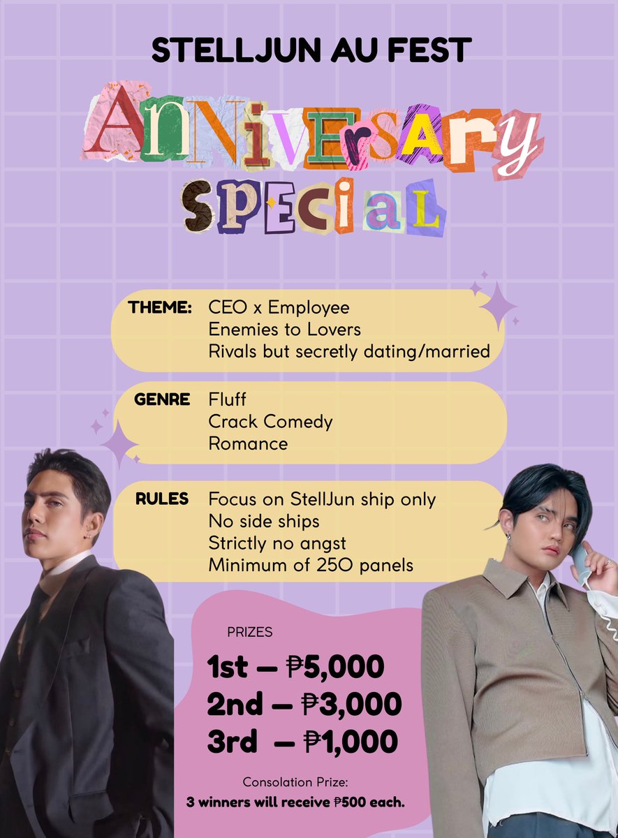 pipzxsb19's tweet photo. STELLJUN AU FEST 💛💜
Anniversary Special

Calling all writers!
For the StellJun Anniversary Special, give us chaos, kilig, bardagulan. Rivals sa harap ng lahat, clingy sa likod ng pinto. Basta kayo na raw po ang bahala, sabi ng sponsors natin! 😍

@SB19Official #SJAnnivSpecialAU #StellJunInEveryUniverse #STELLJUNAU #STELLJUN #PABSTELL