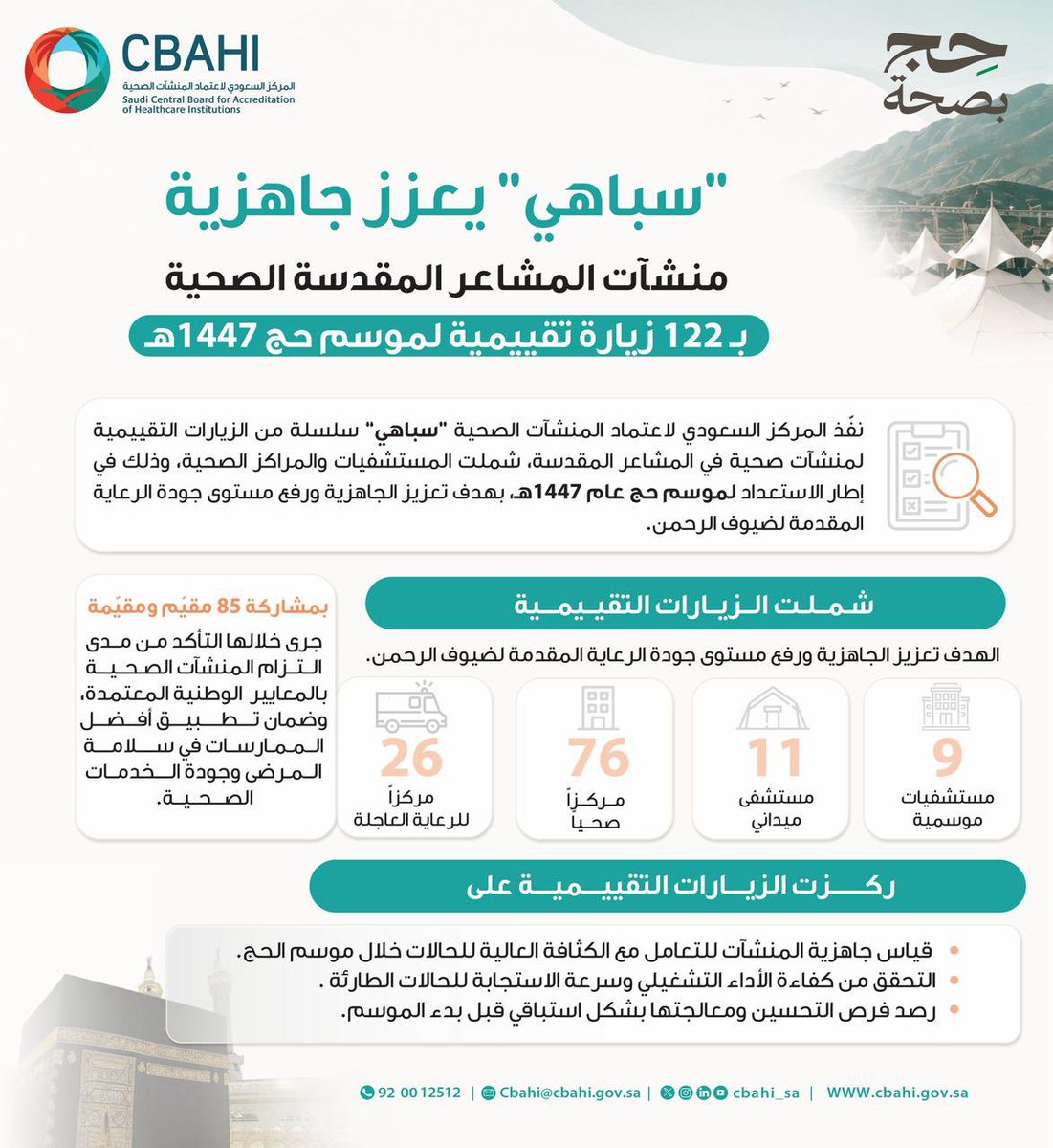 Cbahi_SA's tweet photo. #سباهي يعزز جاهزية منشآت المشاعر المقدسة الصحية بـ 122 زيارة تقييمية لموسم حج 1447هـ 
#حج_بصحة https://t.co/U2i8VSOuNY
