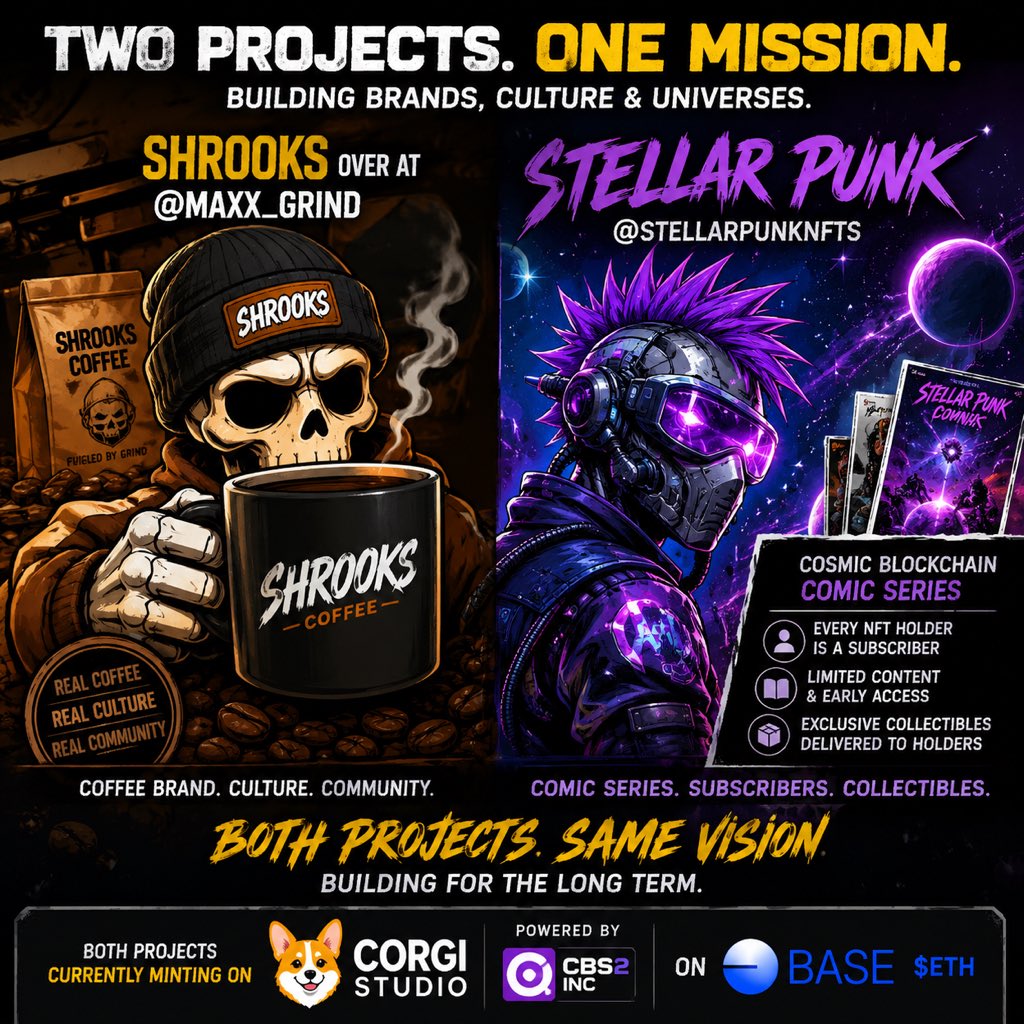 Tjay_sznn's tweet photo. Shrooks over at @Maxx_Grind is building more than a coffee drop it’s becoming a creator ecosystem. I’m the artist behind it. I’m also building Stellar Punk @stellarpunknfts, a cosmic comic series where NFT holders get stories + collectibles. Both minting on Corgi Studio on Base. https://t.co/YLdxq6Ngxp