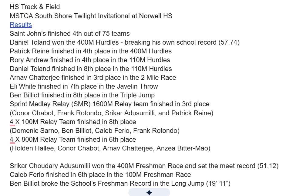 SJHS_PioneersAD's tweet photo. A good night for @SJHS_TrackField at the @MSTCA1 South Shore Twilight Race at Norwell HS
https://t.co/GtPffW4Ny5 https://t.co/YDxcMzfmGQ