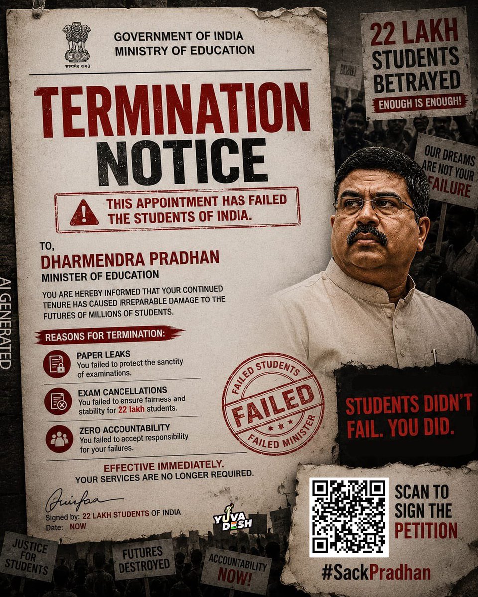 IYC's tweet photo. 22 lakh students prepared for an exam.
The Education Minister prepared a disaster.
Paper leaks. Cancelled exams. Zero accountability.
India’s students deserve better.
📢 Scan the QR &amp; sign the petition:
https://t.co/NpcsreIotc

#SackPradhan https://t.co/qlG2DRfkKt